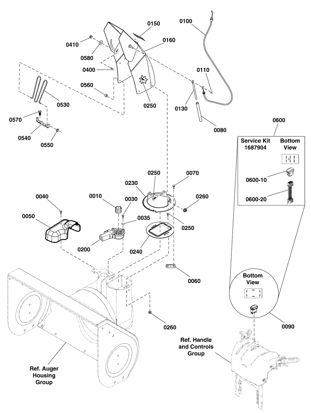 Chute And Rotation Group Diagram and Parts List for 1696054-CM741450S 2011 Briggs and Stratton Snow Blower